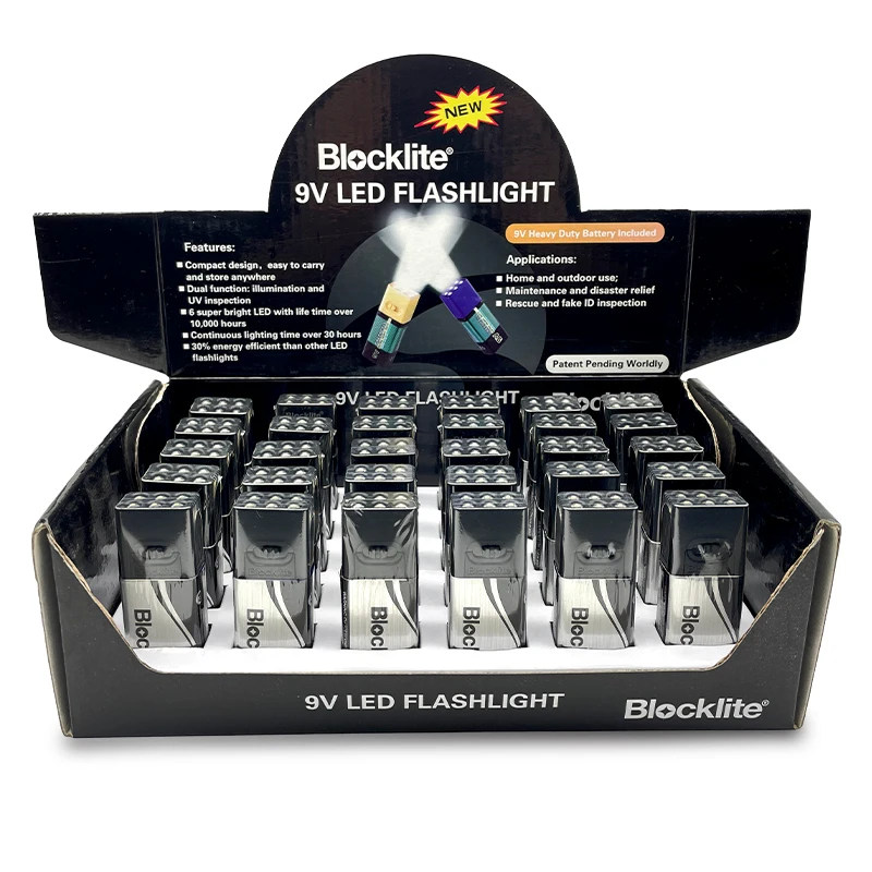 30 PCS/Box Patent Products Removable 9V Battery LED Blocklite Flashlight Torch Mini Flashlight for Outdoor Camping