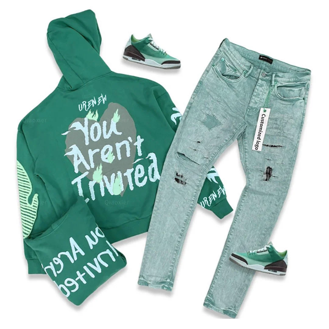 Hip Hop Oversized heavyweight hoodie No Drawstring Men Sweatshirt Streetwear Orange Print Cropped Distressed Washed  Hoodies