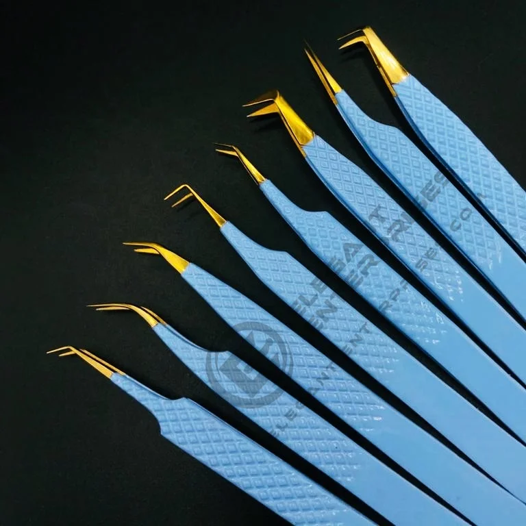 Wholesale Light Blue with Golden Tips Diamond Grip Sustainable Eyelash Extension Tweezers Japanese Stainless Steel Custom Logo