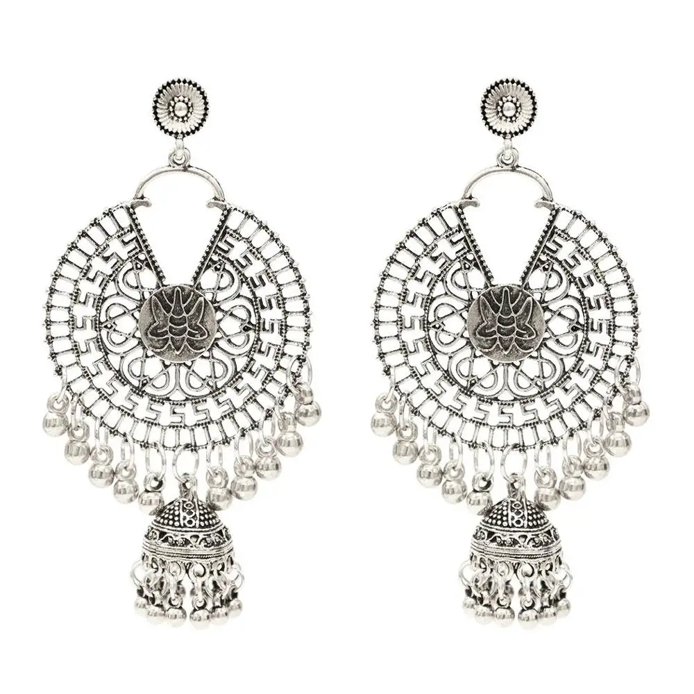 Long Tassel Statement Jhumka Earrings Indian Vintage Silver Gold With Birdcage For Women Party Ethnic Jewelry