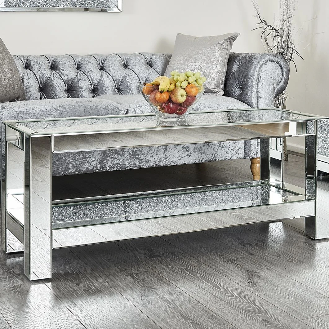 Luxury Fashion Style Sparkly Two Layers Silver Rectangle Crushed Diamond Mirrored Coffee Table for Home