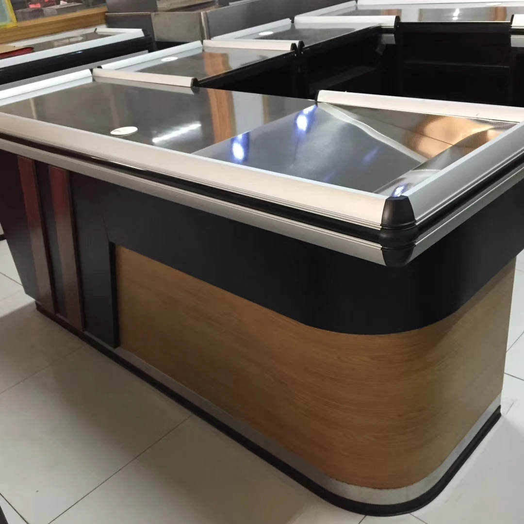 Multi Functional Corner Cashier  Desk  Counter Table Stainless Surface  Powder Coating Cash Register check out counter grocery