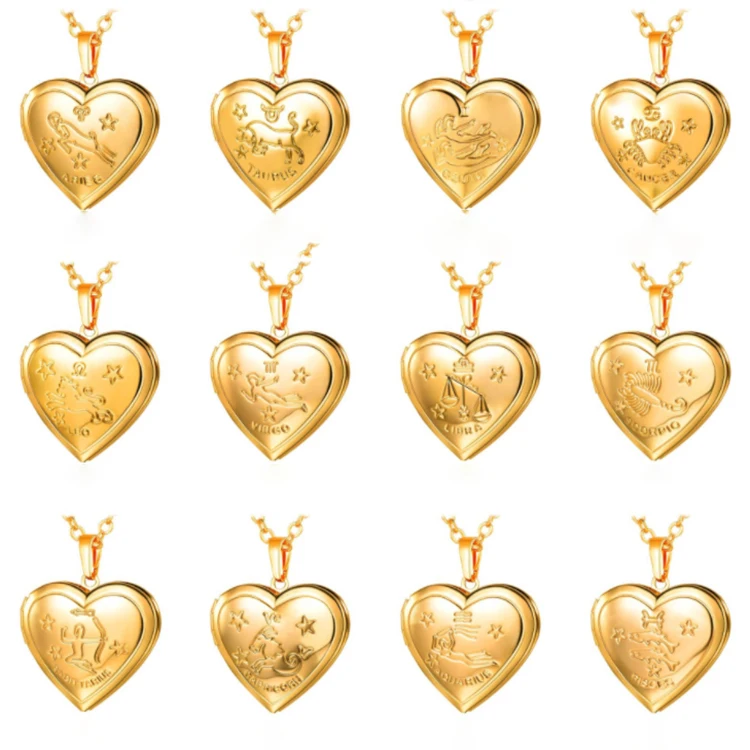 Modern Fashion Gold 12 Zodiac Photo Frame Locket Necklace Brass Heart Box Pendant Necklace