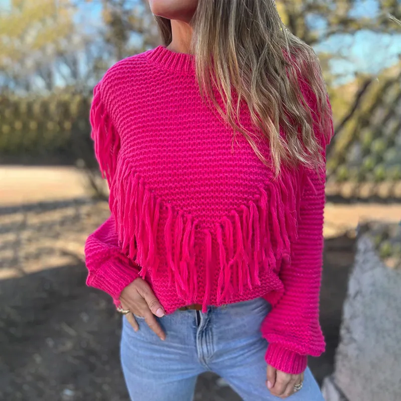 2023 Fall And Winter New Fashion Loose Long-sleeved Tassel Knitted Sweaters For Women