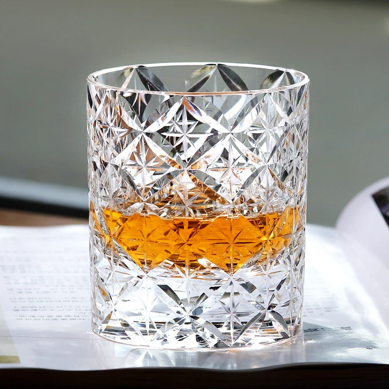 220ml K9 Clear Crystal Glass Whiskey Tumbler With Hand Carved Star Pattern Rocks Glass Edo Kiriko Circle Mesh Cocktail Glass Cup