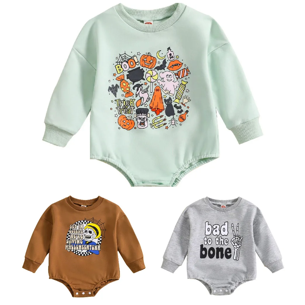 INS Halloween Autumn Unisex Letter Print Color Blocked Sleeve Romper Hooded Baby Jumpsuit Newborn Baby Clothes Cotton