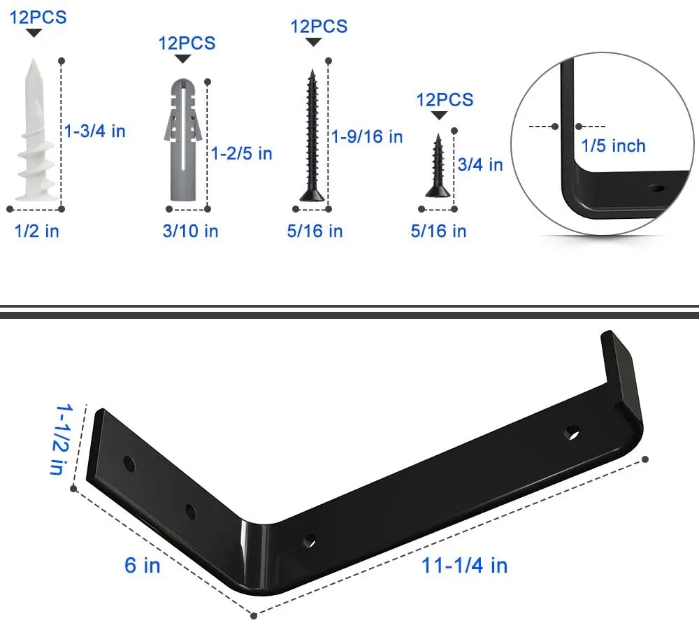 Black Shelf Bracket 12 Inch Floating Shelf Bracket Heavy Duty 1/5 Inch Thick L Bracket for Shelves