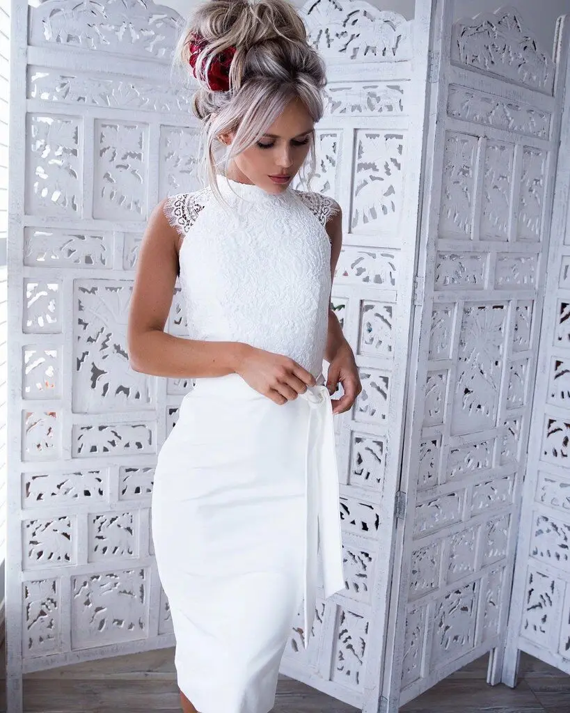 Ebay Trending Quality Stock Wedding Bridesmaid Dresses Woman Elegant Sleeveless White Lace Dress