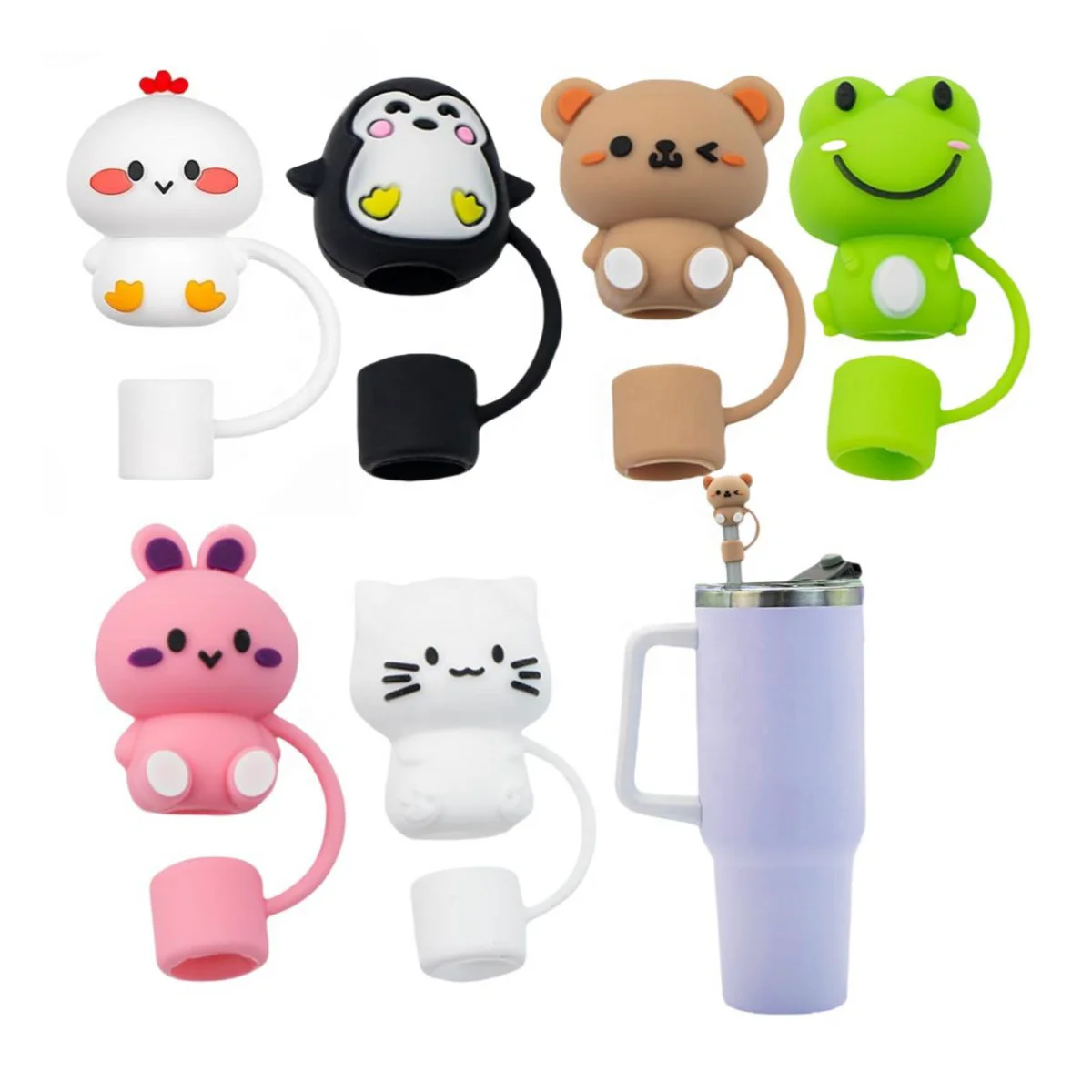 Cute Silicone  Animal Straw Topper Reusable Soft Straw Cover Cap  Lid Compatible with 30&40 Oz Tumbler