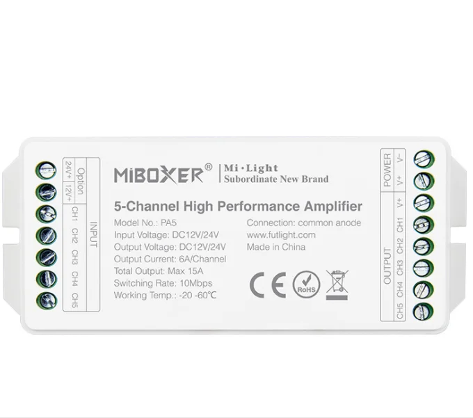 Miboxer RGBCCT Led Amplifier DC12V-24V 5channel High Performance Extender Forrgb+cct Led Strip PA5 Remote Control 6a/channel 15A