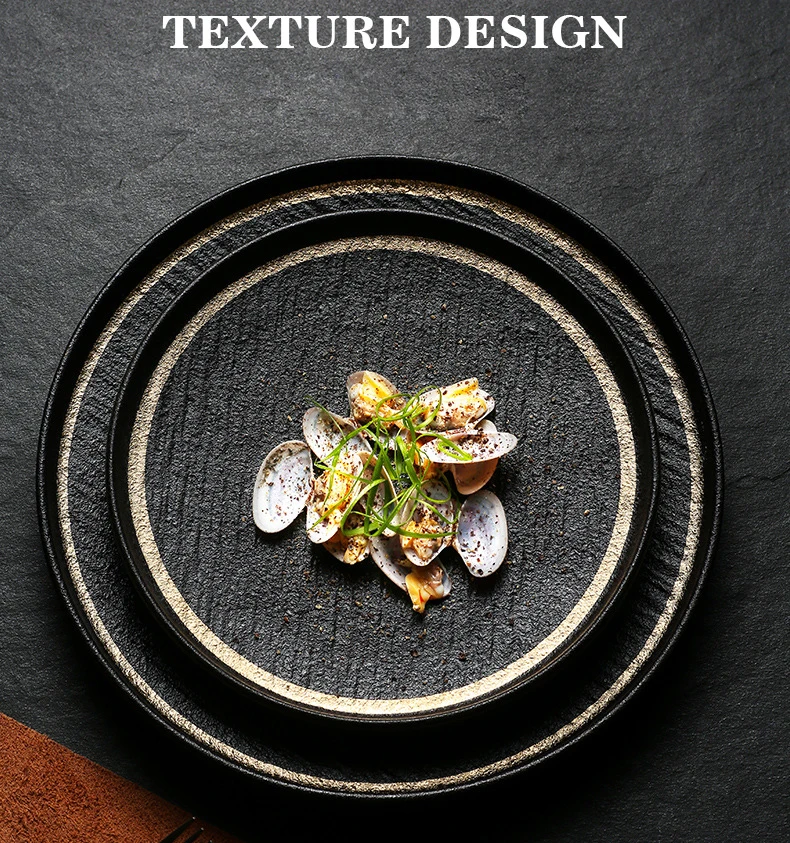 Matte Black With Gold Rim Round Dinner Plate For Steak Pasta Sushi for Restaurant Hotel Porcelain 8 Inch 10Inch Buffet Plates