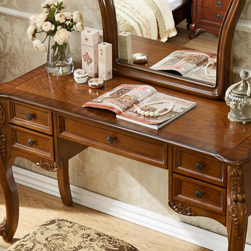 Wholesale makeup table with mirror solid wood carved dressing table with 5 drawers European style home furniture hotel furniture