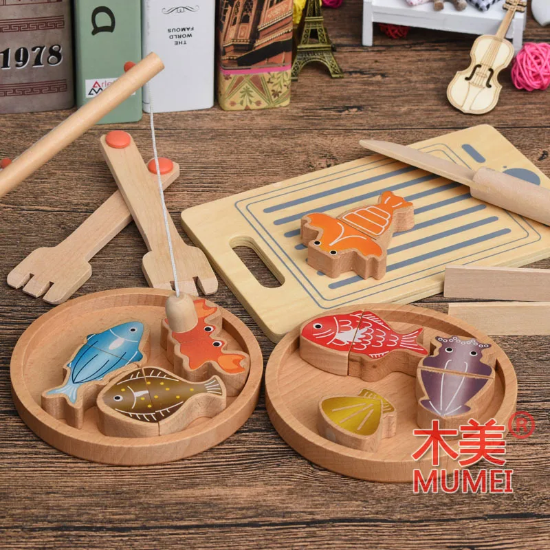 Многофункциональная деревянная игрушка для рыбалки и готовки магнитная головоломка Магнитная