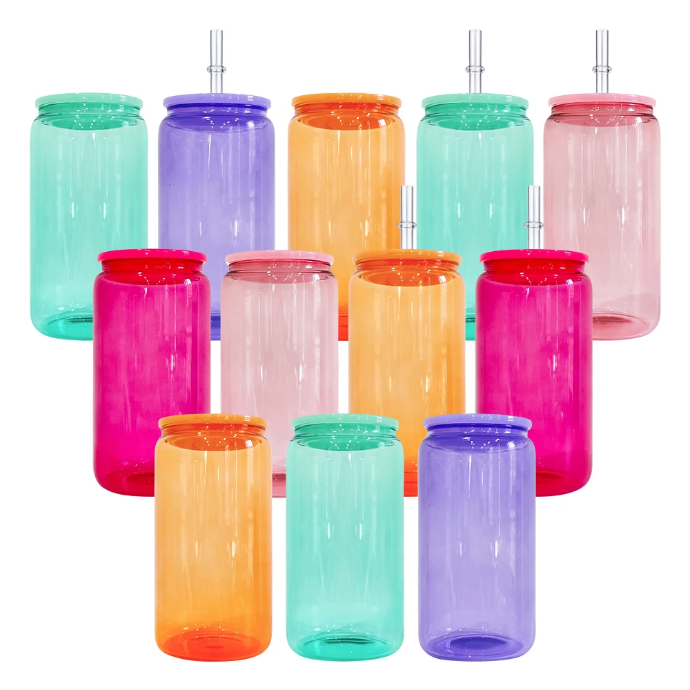 In Stock Colorful 16oz Beer Soda Glass Can with Plastic Lids USA Warehouse Colored Transparent Glass Can Shaped Drink Ware