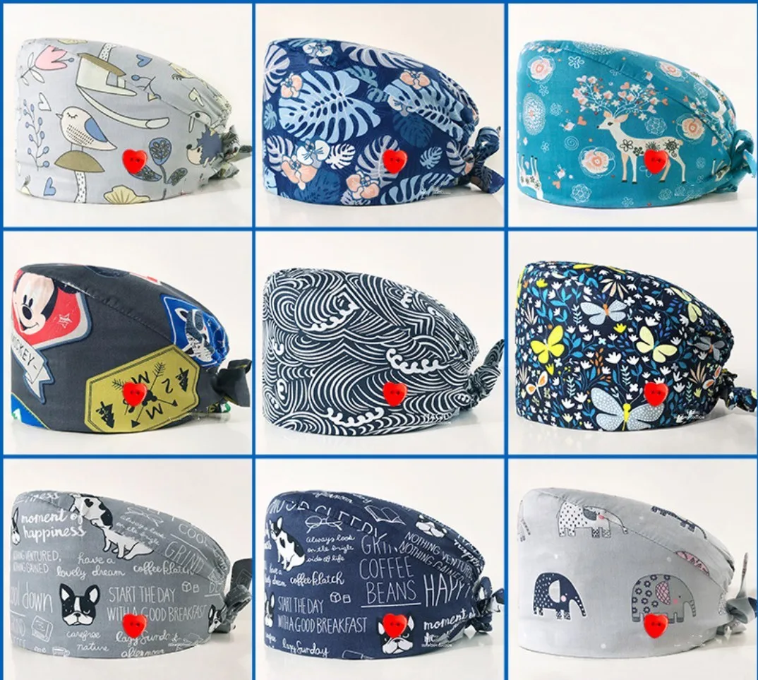 100% Cotton Ladies Anti-hair Cap Hospital Uniform Printed Scrub Nurse Hat pet nursing scrubs caps satin lined hat beauty cap