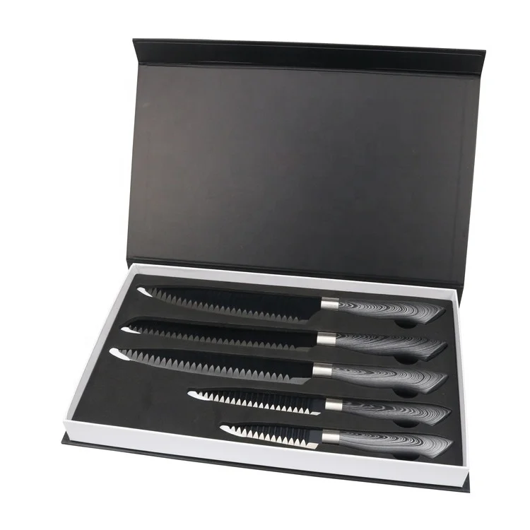2024 New Design Promotional Gift Diamond Pattern Gold Titanium Embossing Blade Stainless Steel Kitchen Knife Set With Gift Box