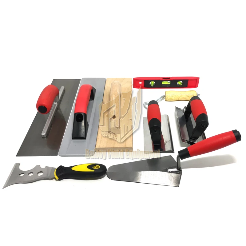 10 Piece  Masonry Hand Tool Set Including Smoothing Trowel Measuring Trowel Grout Mill Edge Cutter Spirit level