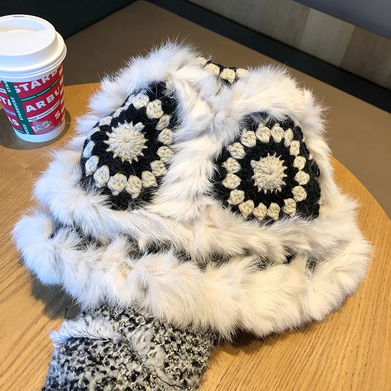 High Quality Cute Lion Pattern Furry Wool Warm Rabbit Fur Women Winter Knitted Beanie Hat 3m Hat
