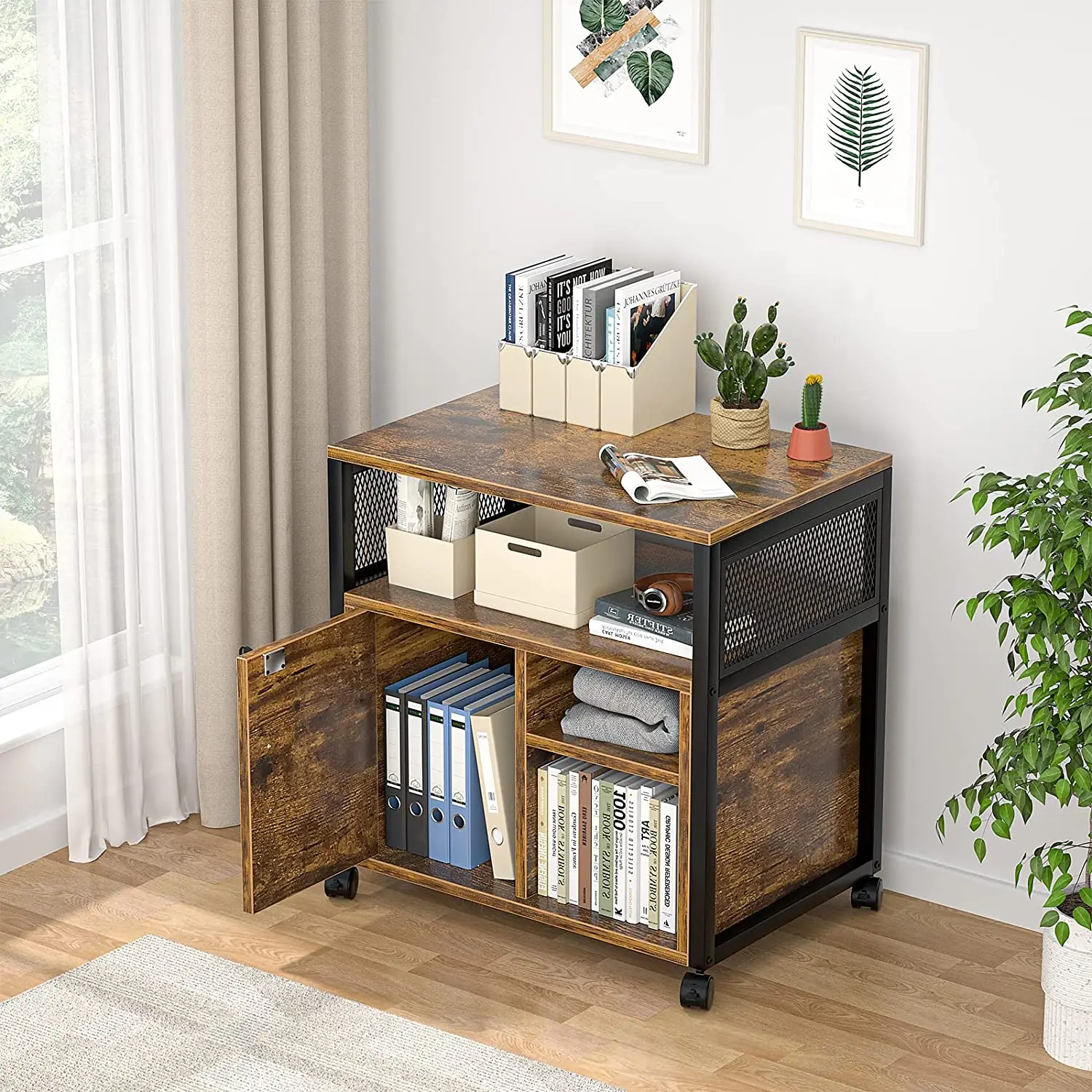 Wheel Side Iron Frame Mobile Office Printer Stand With Door Lockable Rolling Filing Cabinet