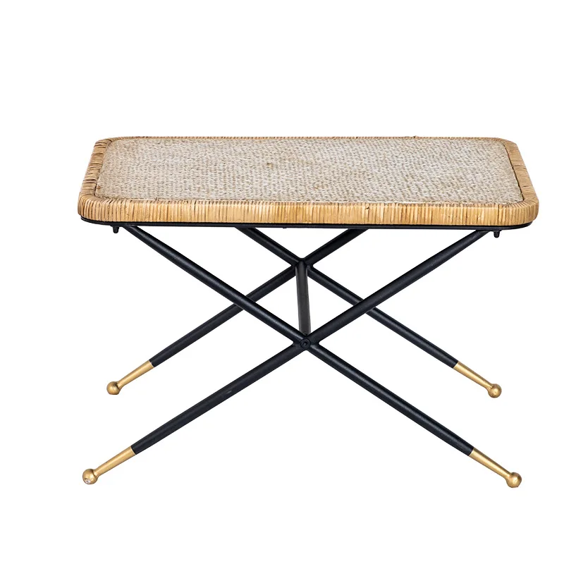 Hot Sale Farmhouse Retro Antique Living Room Sofa Balcony Corner Design Tempered Glass Rattan Coffee Table