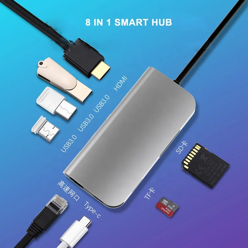 Type-c docking station 8 in 1 to HDTV TF SD card reader USB-C Multi-port Usb C Hub mac book pc usb hub