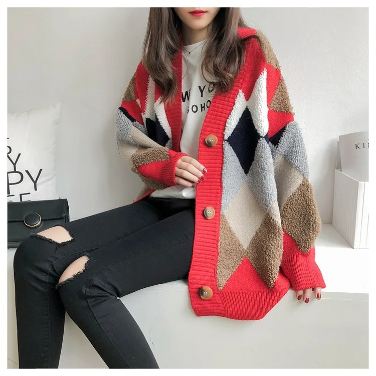 Women's 2023 Autumn Winter Puff Sleeve Sweater Casual Loose Single Breasted V-Neck Plaid Cardigans