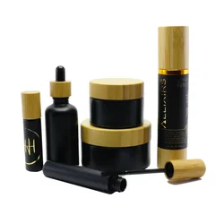 Empty wholesale clear frosted cosmetic bamboo packaging cream jar and bamboo lotion pump bottle roll on bottle BGJ-888S