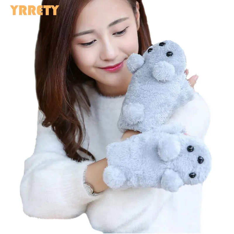 
YRRETY Sweet Women Winter Keep Warm Cartoon Half Finger Plain Color Wool Plush Gloves Cute Girls Warm Cashmere Animal Mitts 