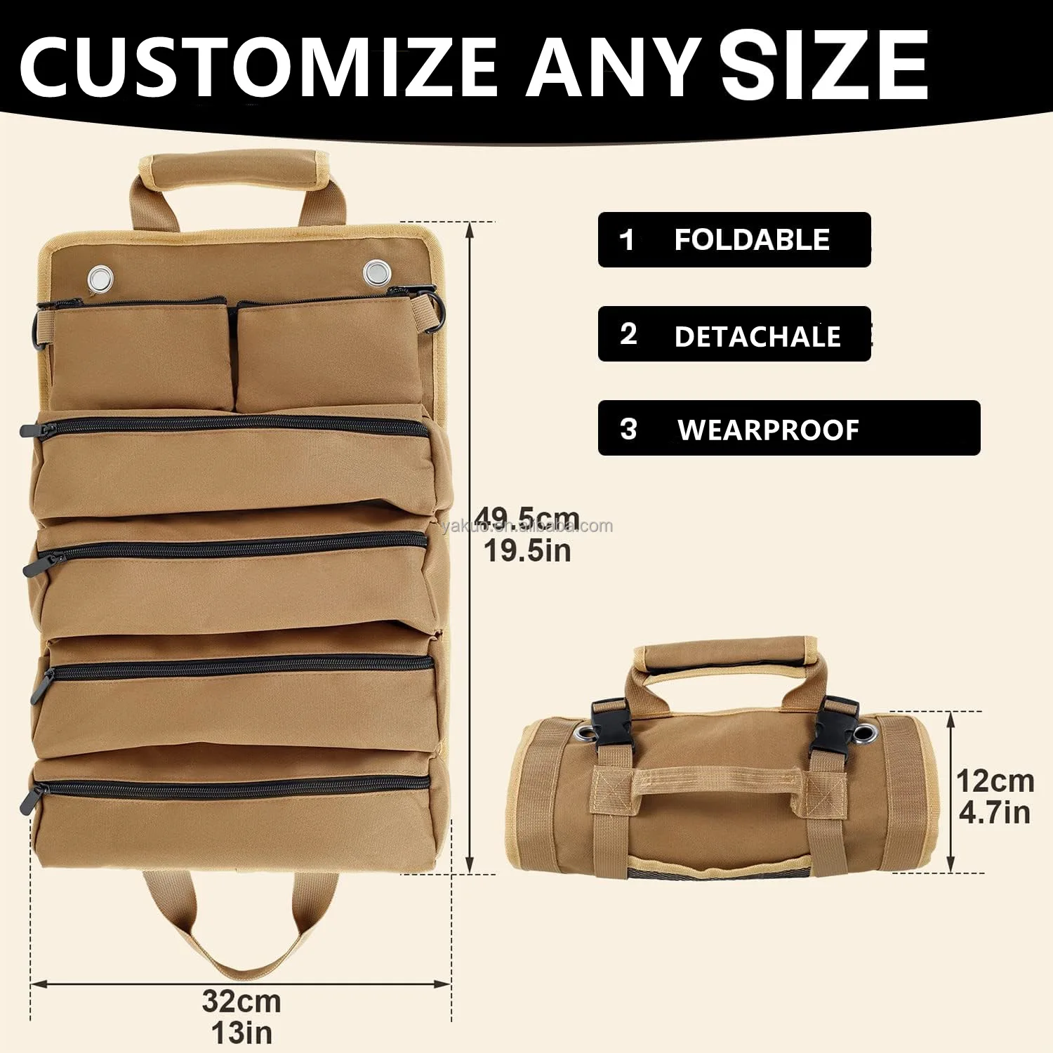 Heavy Duty Wear proof Hardware Wrench Roll Up bags Canvas Tool Roll Up Organizer with Detachable Pouches