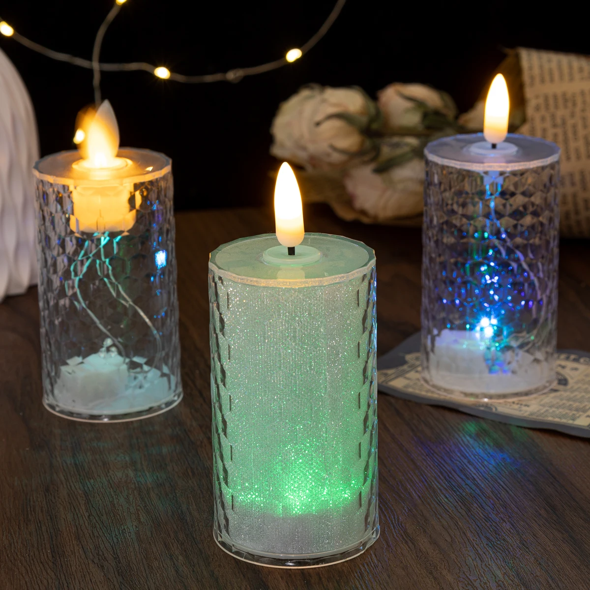 New design LED Transparent Honeycomb Candle light Hexagonal Column Lamp Home Decoration Lamp Decoration Simulate swinging flames