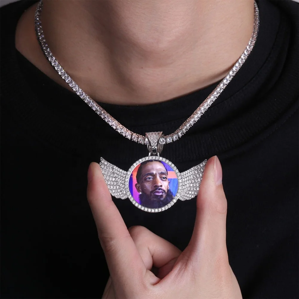 New Custom Made Photo Angel Wings Charms Pictures Pendants Gold Silver Color Bling Iced Out Cubic Zirconia Women Hip hop Jewelry