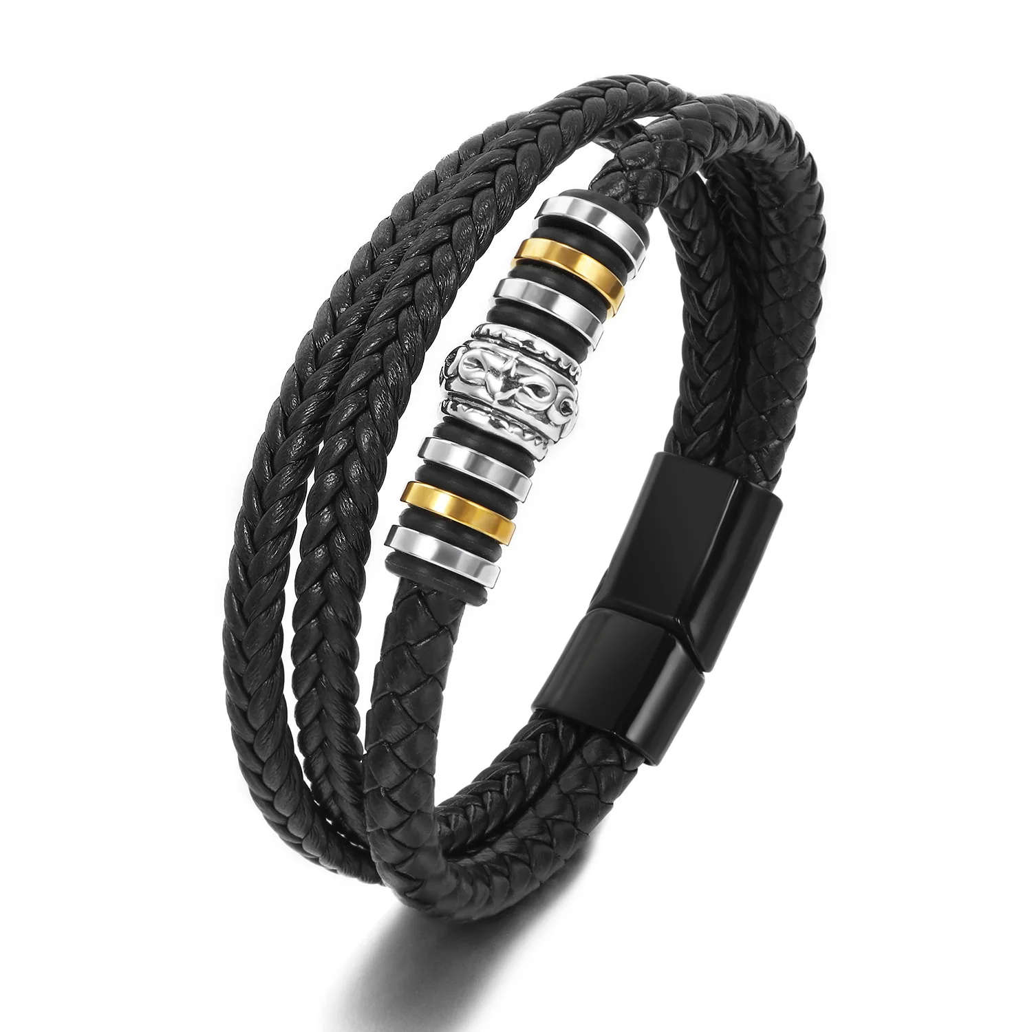 Top Selling Stainless Steel Multi Layers Leather Bracelet Titanium Steel Magnetic Clasp Black Leather Bracelet for Men