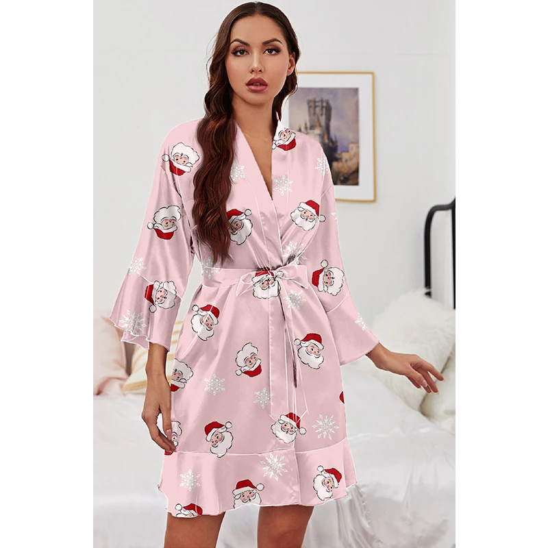 Customize Home Robe Print Cartoon Decorations Sexy Pajama Satin Three Quarter Sleeve Bathrobe Christmas Short Pajamas Women Robe