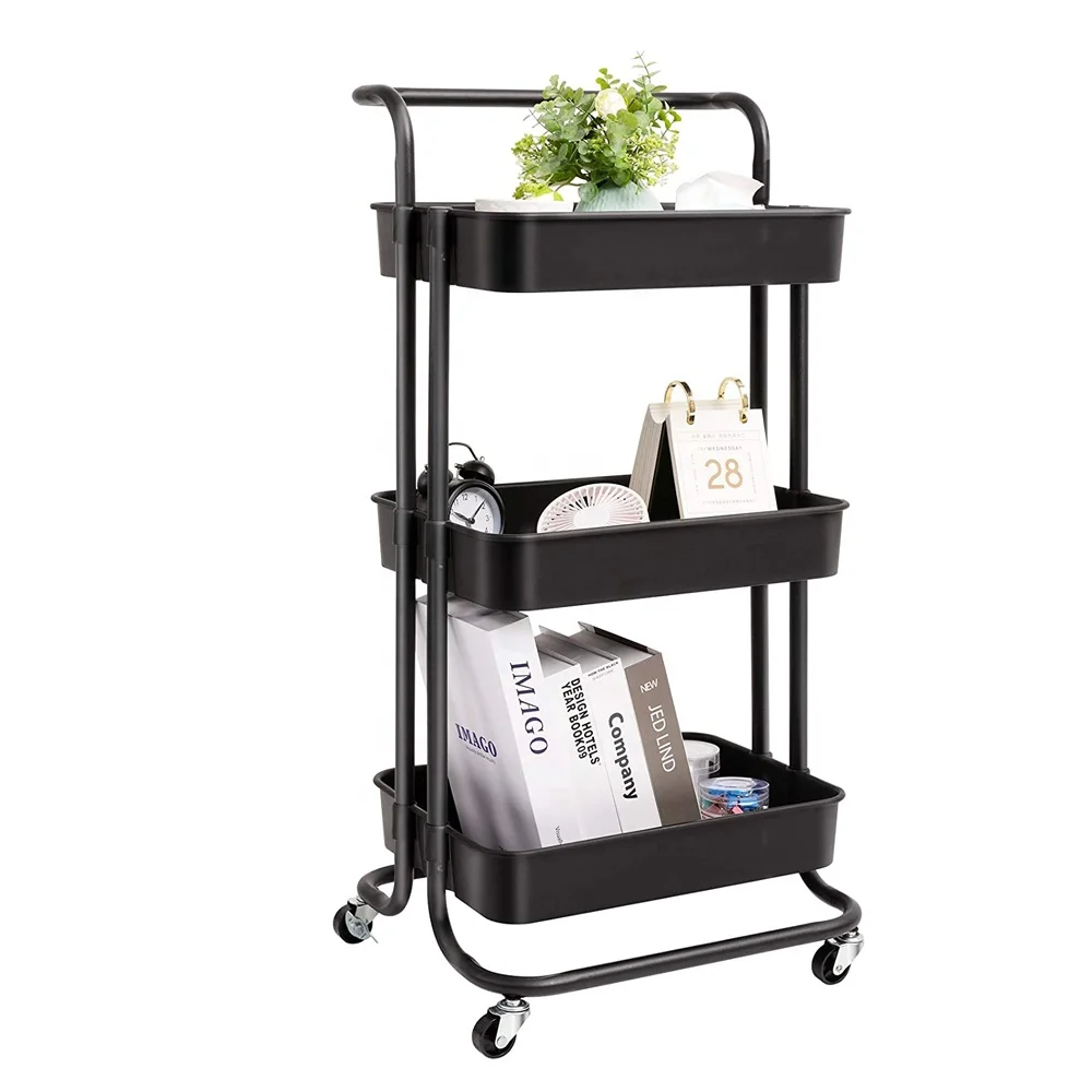 3 Tier Household Stackable Kitchen Storage Rack Multi Purpose Mobile Adjustable Plastic Utility Rolling Cart