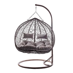 Durable Double Nest hanging chair,PE wicker swing chair,nest swing chair with big cushion and stand for two people
