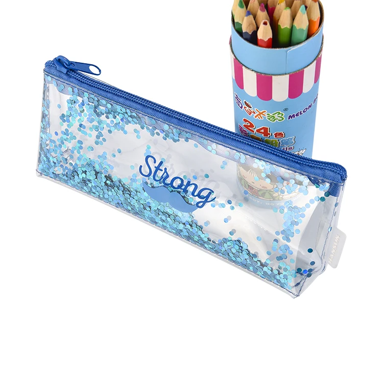 Promotional 4 color Glitter Plastic PVC Zipper Pen Bag Pencil Case Bag For Kid