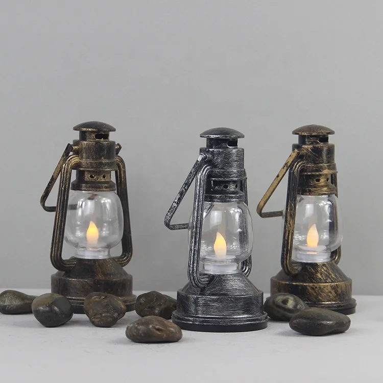 Halloween Christmas Decor Vintage Metallic Painted Plastic Hanging Oil Mini LED Lantern With LED Tea Light Candle