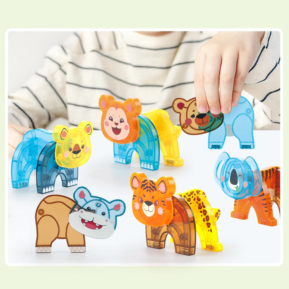 56pcs Strong Magnet Cute Animals With Printing Plastic Magnetic Blocks Zoo Building Toys Tiles For Kids Educational Learning