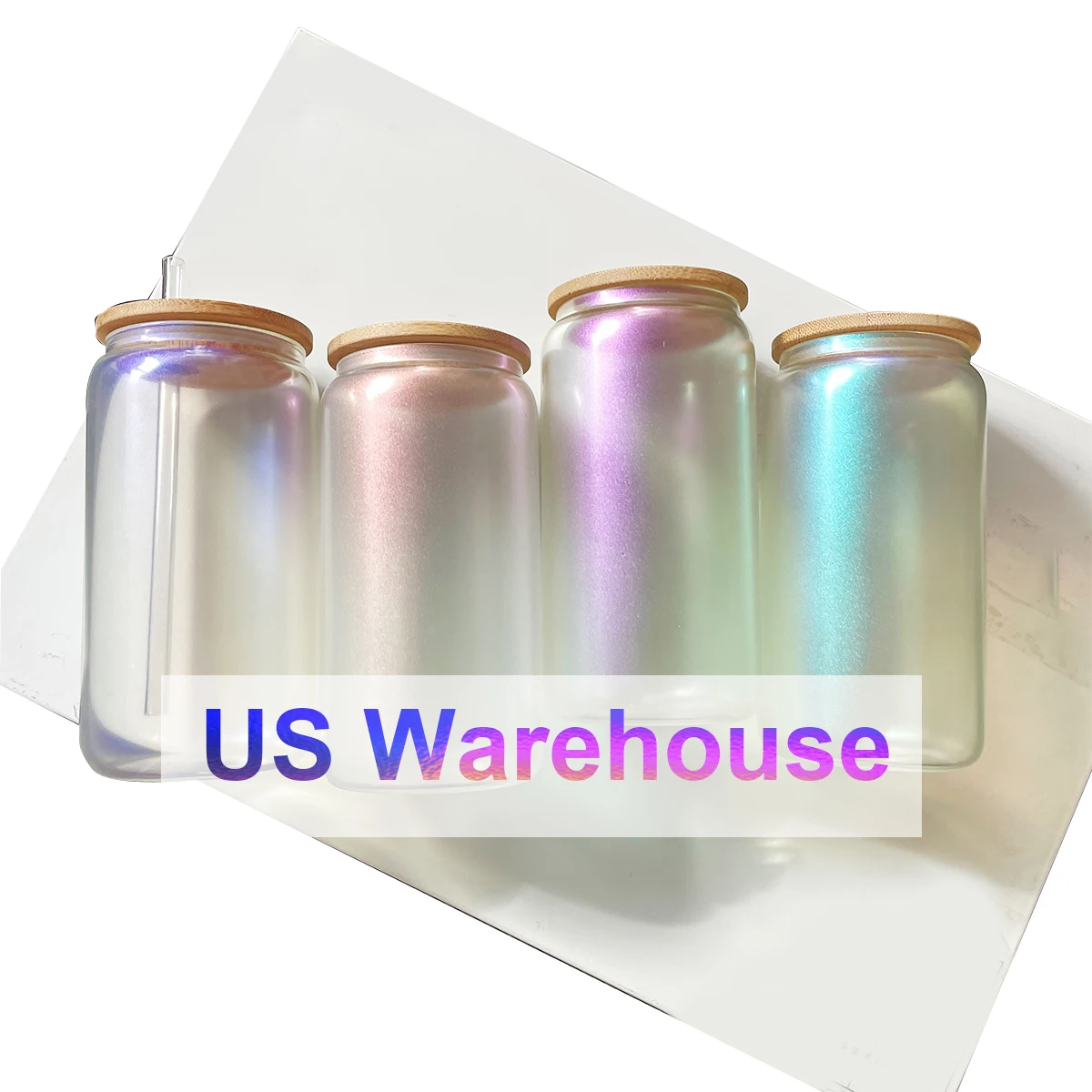 US free shipping 16oz beer juice iced rainbow glitter can shaped coke sublimation iridescent beer glass can with bamboo lid lid