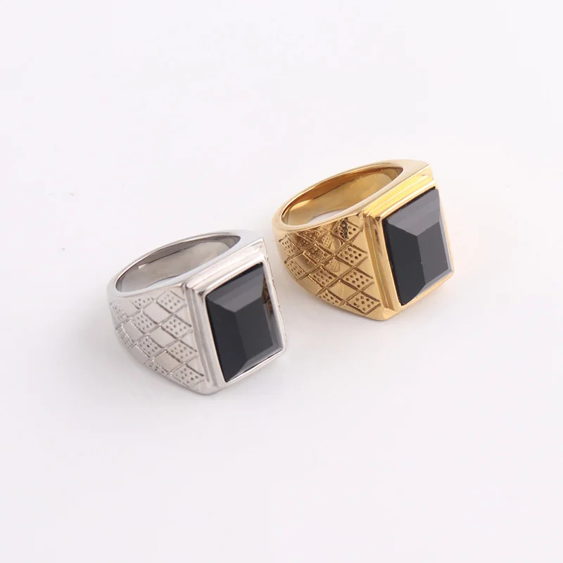 Mens 316l Stainless Steel Black agate Gemstone Ring
