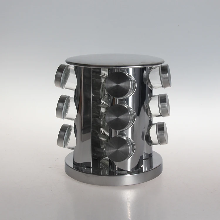 wholesale food grade decorative rotating glass spice jar bottle rack set with plastic stand and screw lid