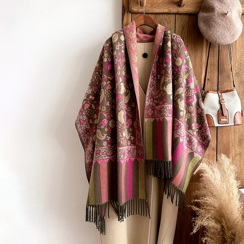 Winter Jacquard Paisley Ethnic Styles Vintage Cashmere Pashmina Long Double Sided Shawl Wrap Tassels Scarf