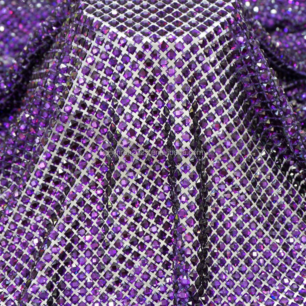 SH008 Haute Couture Crystal Rhinestone Mesh Glittering purple Square Diamonds Rhinestone Net Fabric