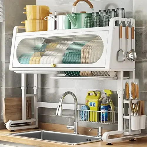Multifunctional Cutlery Use Metal Over The Sink Home Kitchen Dish Drying Rack With Storage Holders