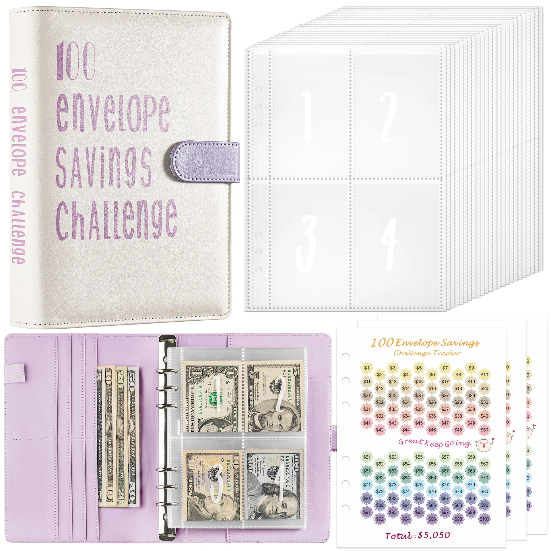 A5 Luxury 100 Envelope Cash Savings Kits Challenge Budget Planner Binder Rings Cash Envelopes Pocket for Making Savings