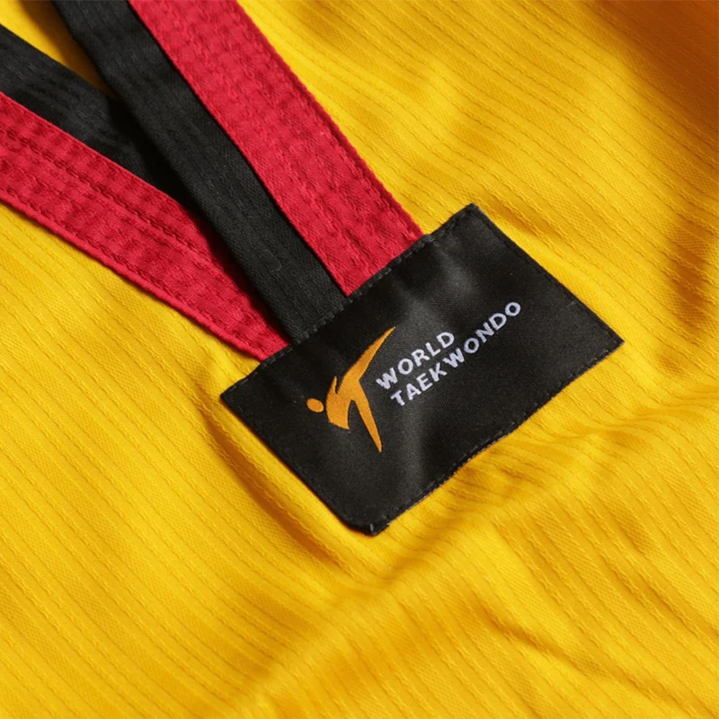 WT/ITF высококачественный желтый Dobok с логотипом красный черный Poomsae униформа для боевых искусств карате ушу тхэквондо