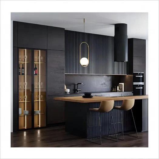 Wholesale Factory Custom High Quality Cheap Complete Plywood PVC Modern Black Island Kitchen Cabinet