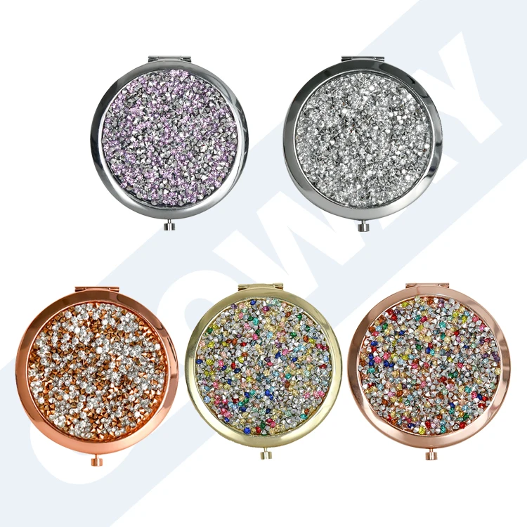 Hot Magnifying Glass Women Girl Travel Gift Rhinestone Handheld Mirror Crystal Round Hand Folding Pocket Makeup Mirror