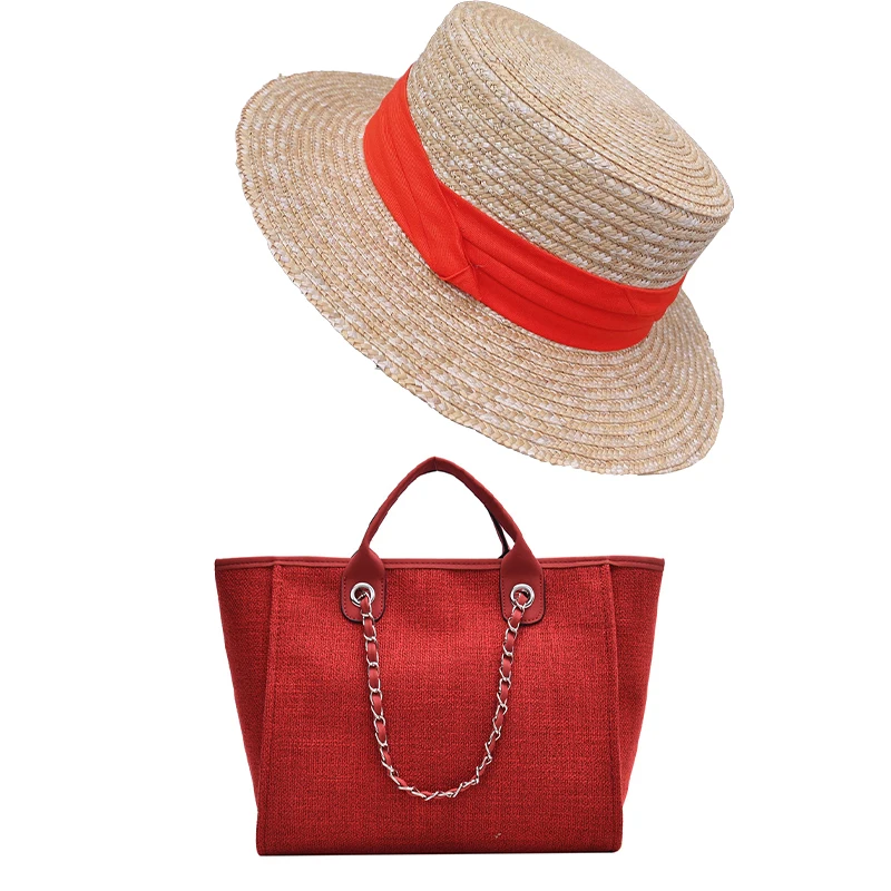 Best Selling Large Capacity Solid Color Beach Bag And Summer Hat Set Canvas Beach Fashion Tote Handbag Hat And Purse Set