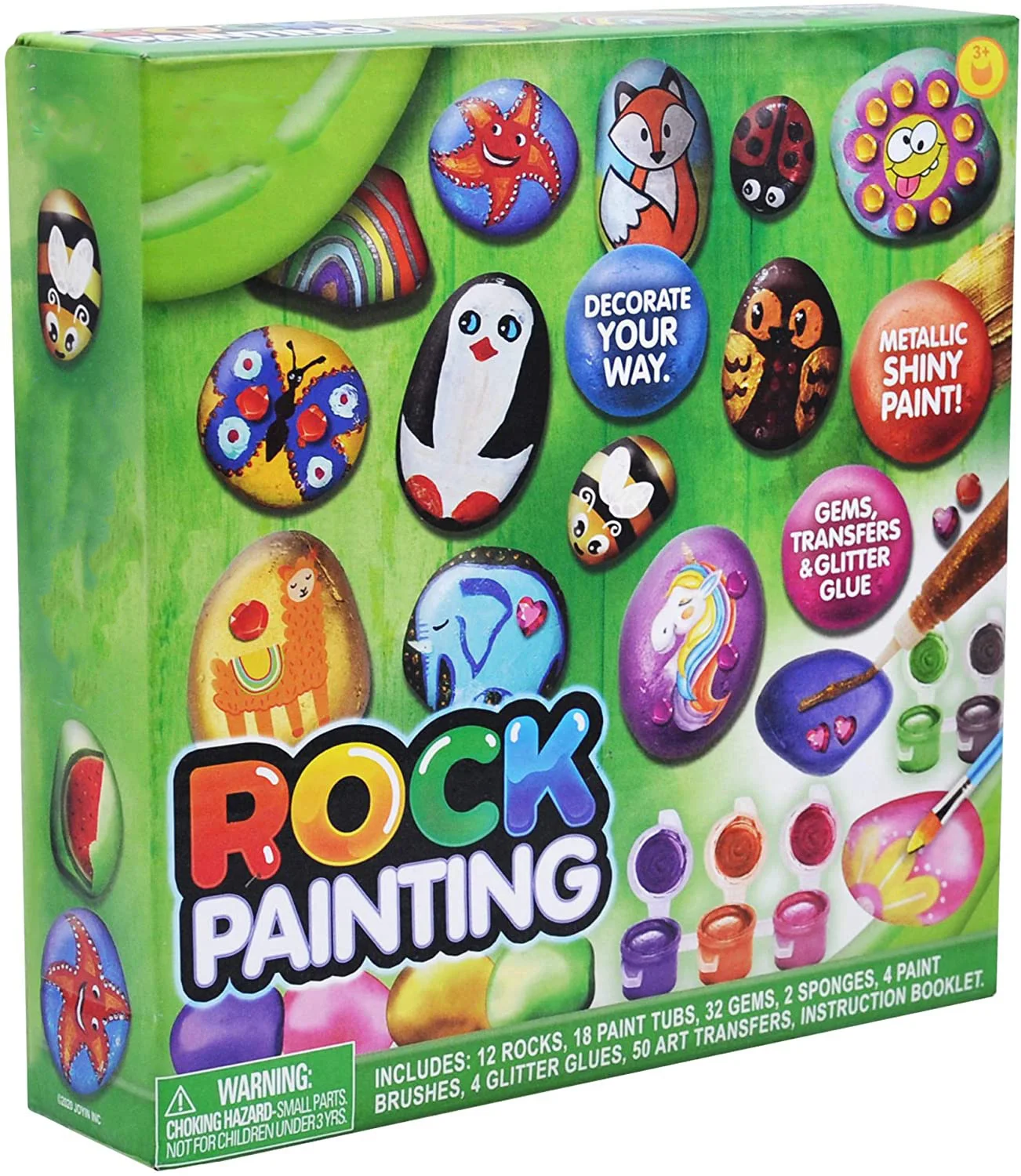 12rock painting kit for kids rock and play with 18 Paints(Metallic Paints, Stickers, Glitter Glue) for stone painting kids